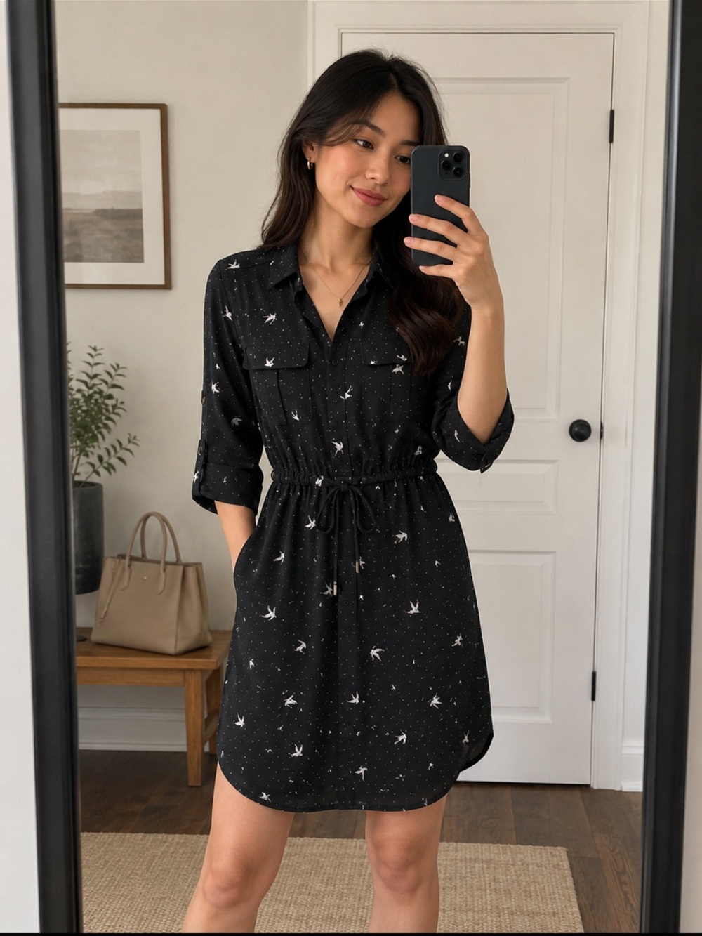 Reitmans Black Mini Shirt Dress with White Bird Print